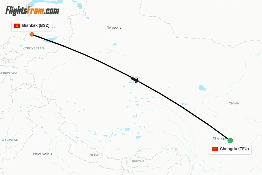 Flights from Bishkek to Chengdu route map