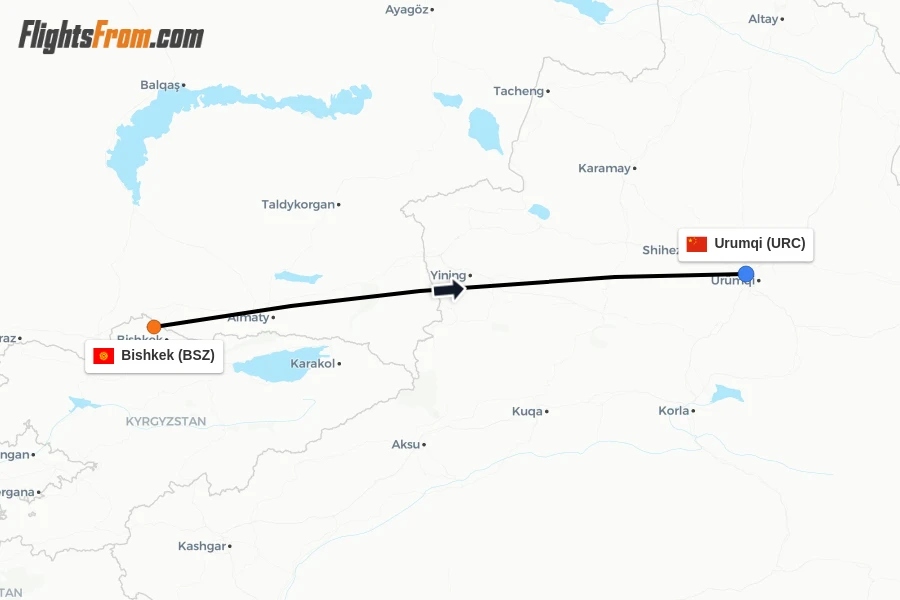 Flights from Bishkek to Urumqi route map