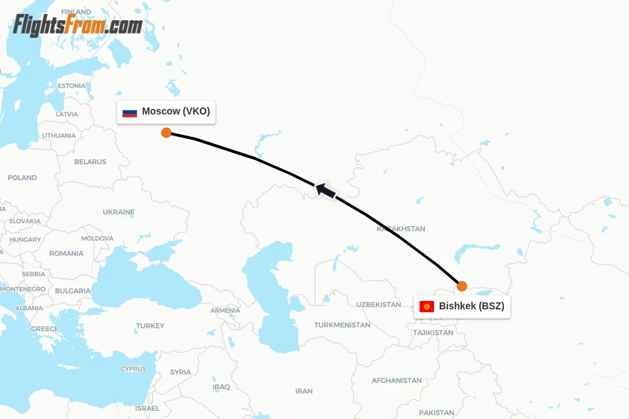 Flights from Bishkek to Moscow route map