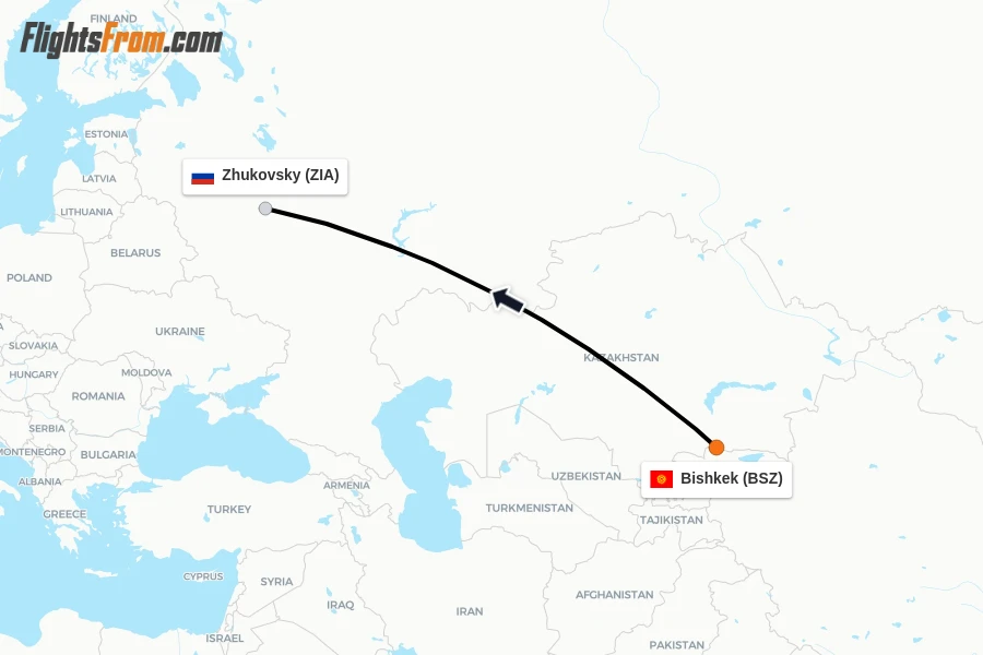Flights from Bishkek to Zhukovsky route map