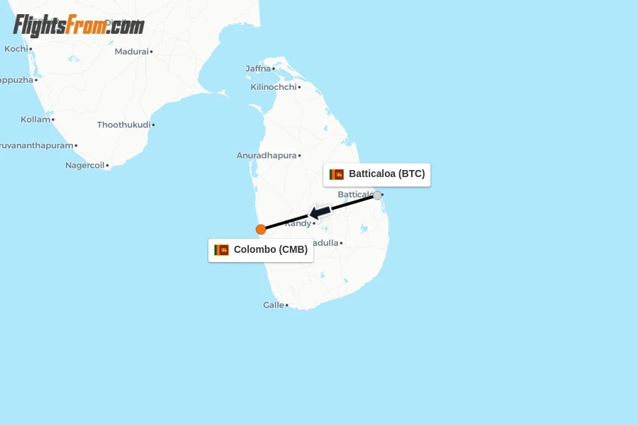 Flights from Batticaloa to Colombo route map