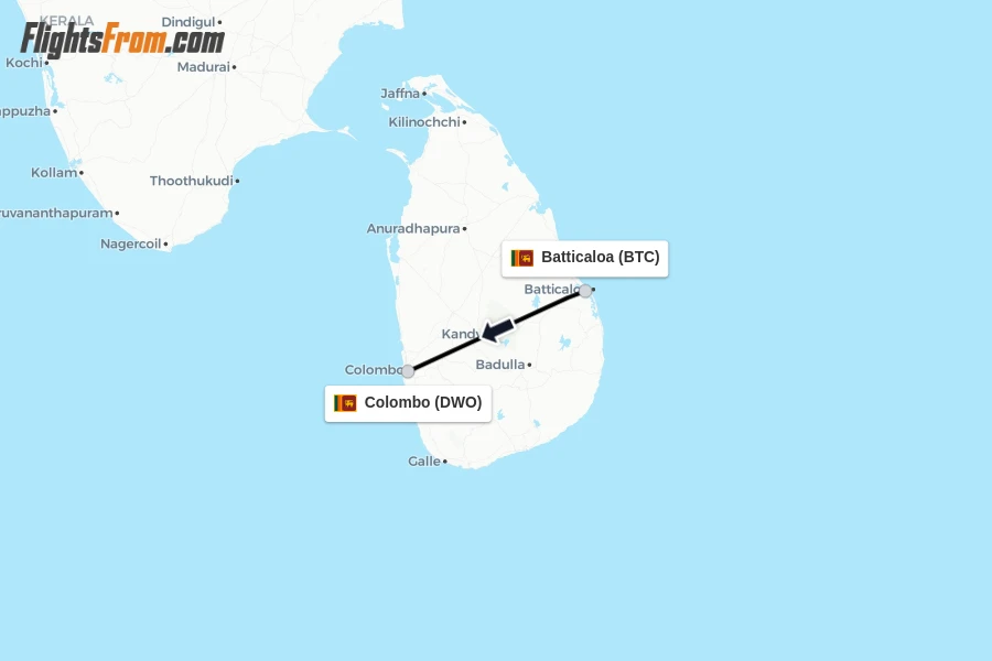 Flights from Batticaloa to Colombo route map