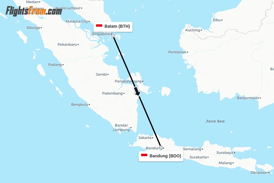 Flights from Batam to Bandung route map