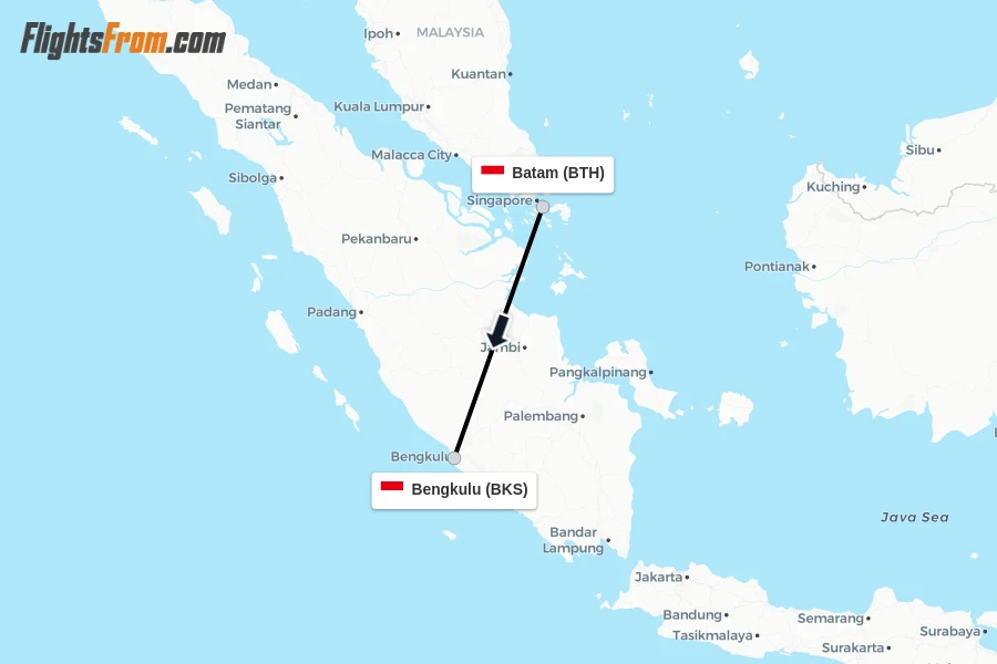 Flights from Batam to Bengkulu route map