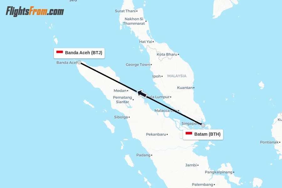 Flights from Batam to Banda Aceh route map