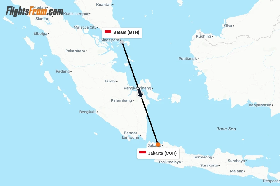 Flights from Batam to Jakarta route map
