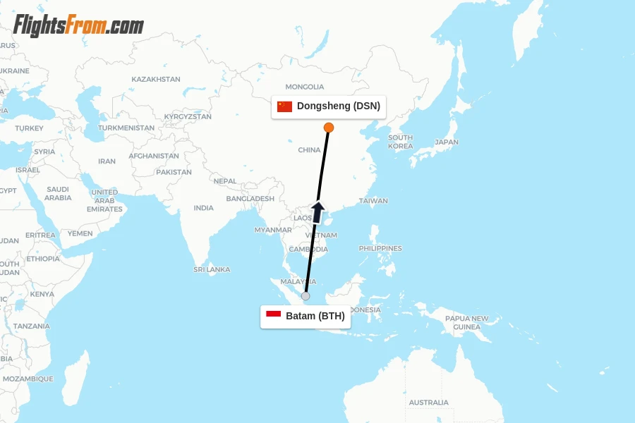 Flights from Batam to Dongsheng route map