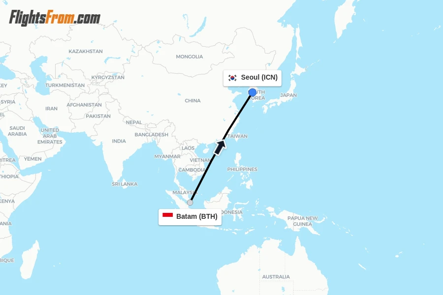 Flights from Batam to Seoul route map