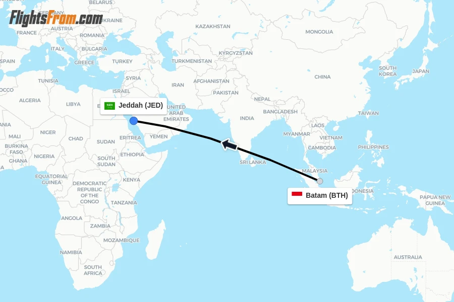 Flights from Batam to Jeddah route map