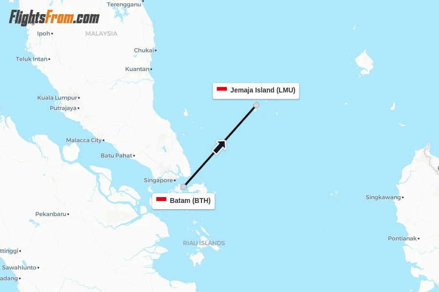 Flights from Batam to Jemaja Island route map