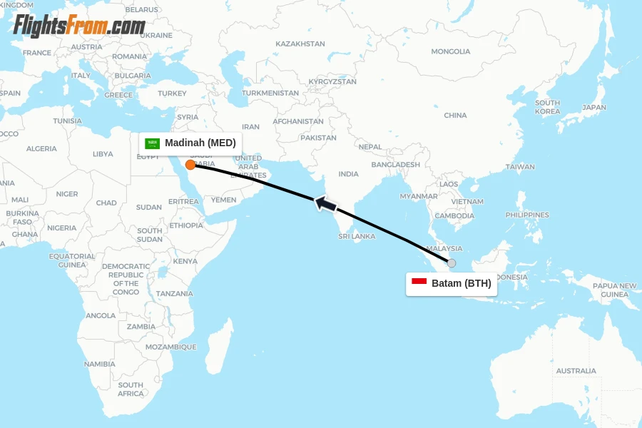 Flights from Batam to Madinah route map