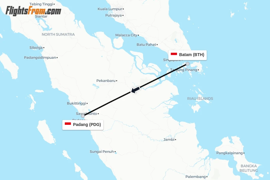Flights from Batam to Padang route map