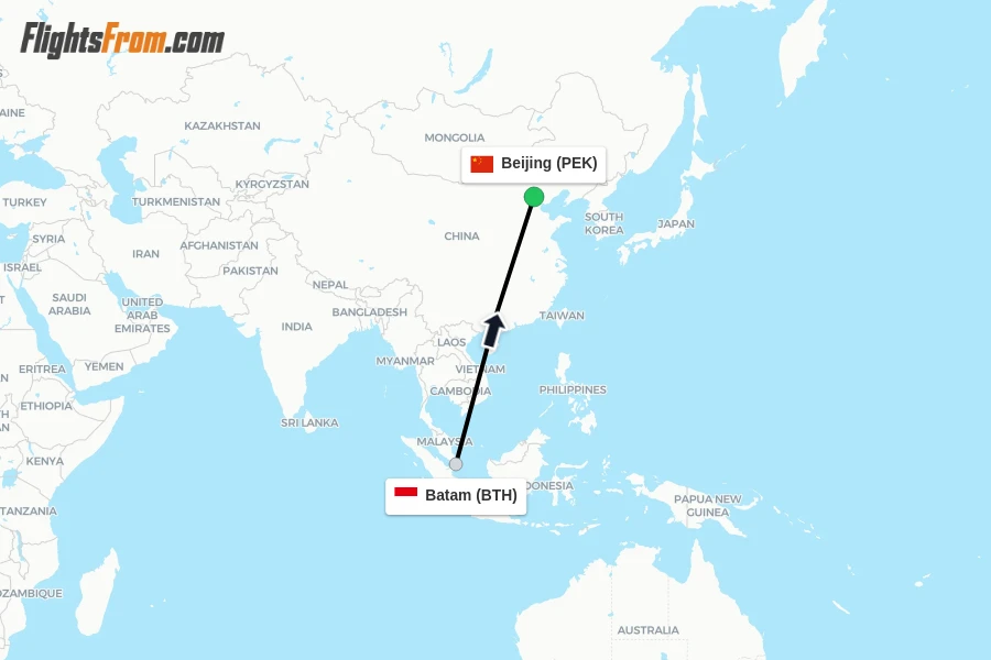 Flights from Batam to Beijing route map