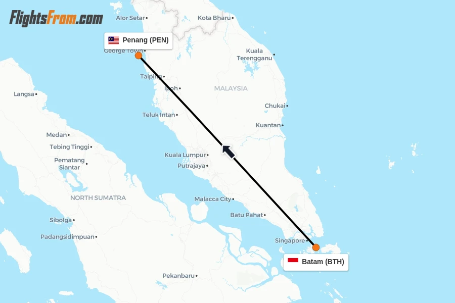 Flights from Batam to Penang route map
