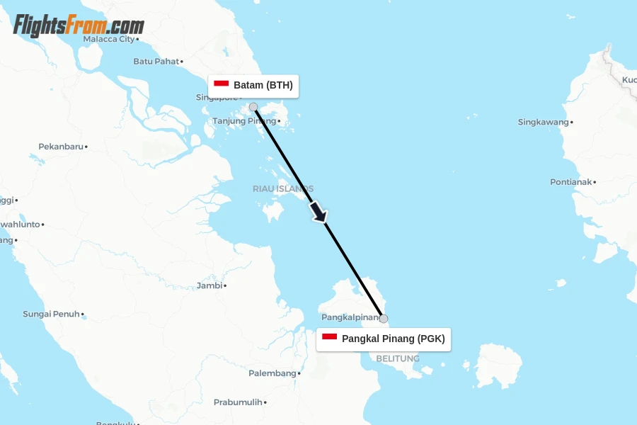Flights from Batam to Pangkal Pinang route map