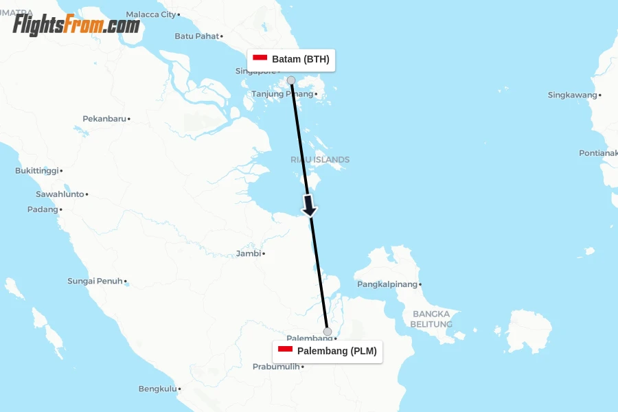 Flights from Batam to Palembang route map