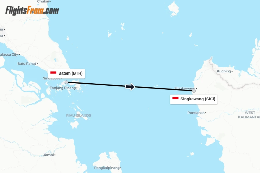 Flights from Batam to Singkawang route map