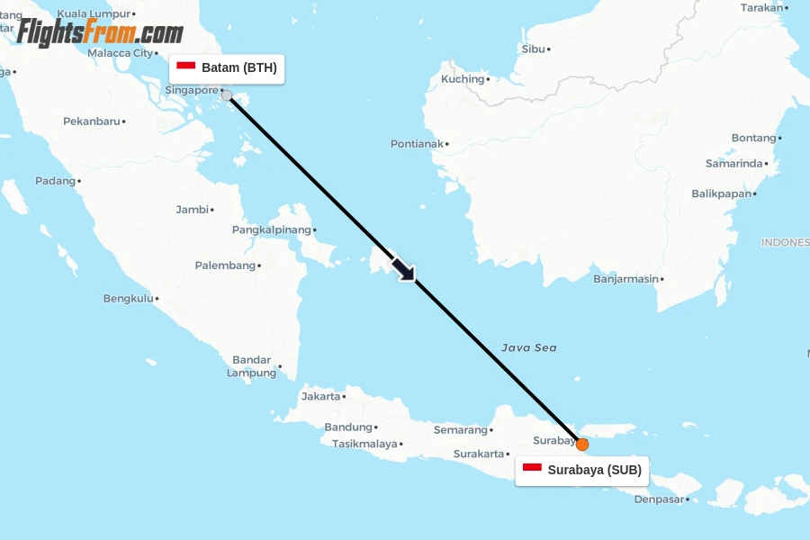 Flights from Batam to Surabaya route map