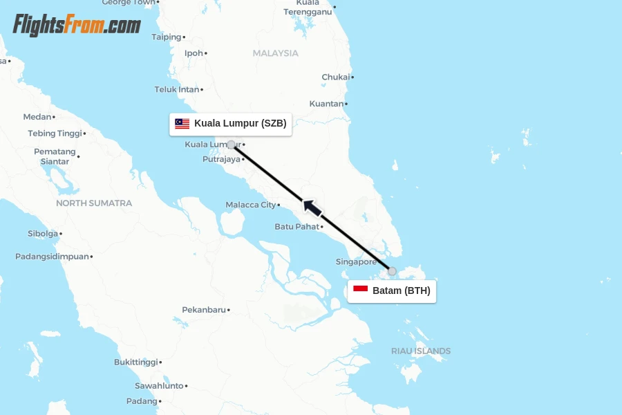 Flights from Batam to Kuala Lumpur route map