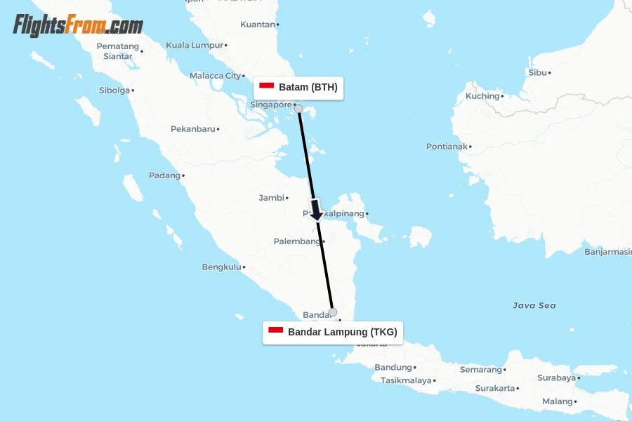 Flights from Batam to Bandar Lampung route map