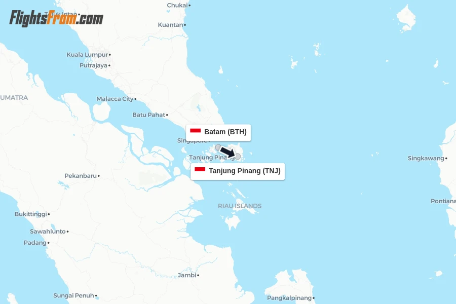 Flights from Batam to Tanjung Pinang route map