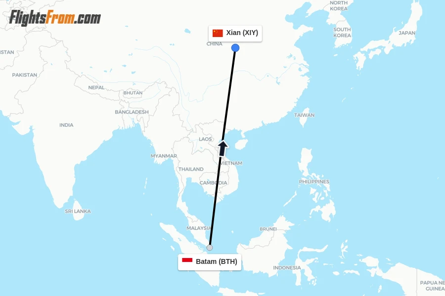 Flights from Batam to Xian route map