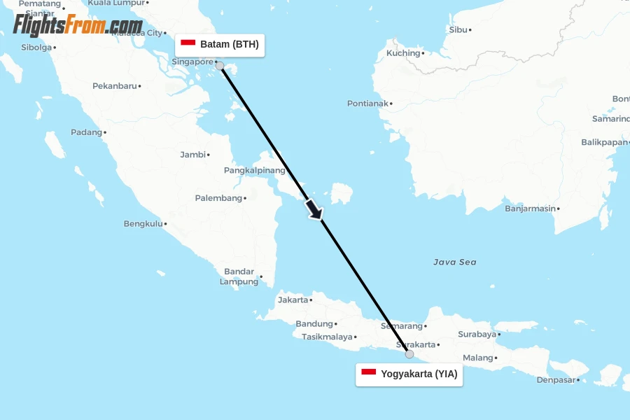 Flights from Batam to Yogyakarta route map