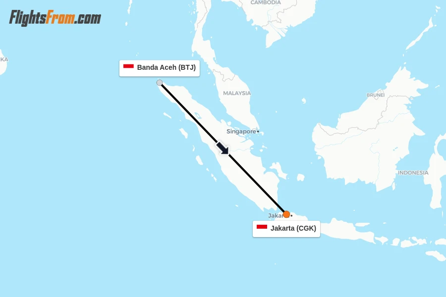 Flights from Banda Aceh to Jakarta route map