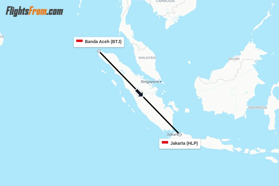 Flights from Banda Aceh to Jakarta route map