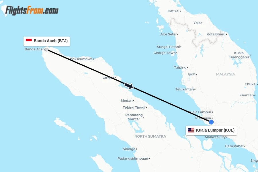 Flights from Banda Aceh to Kuala Lumpur route map