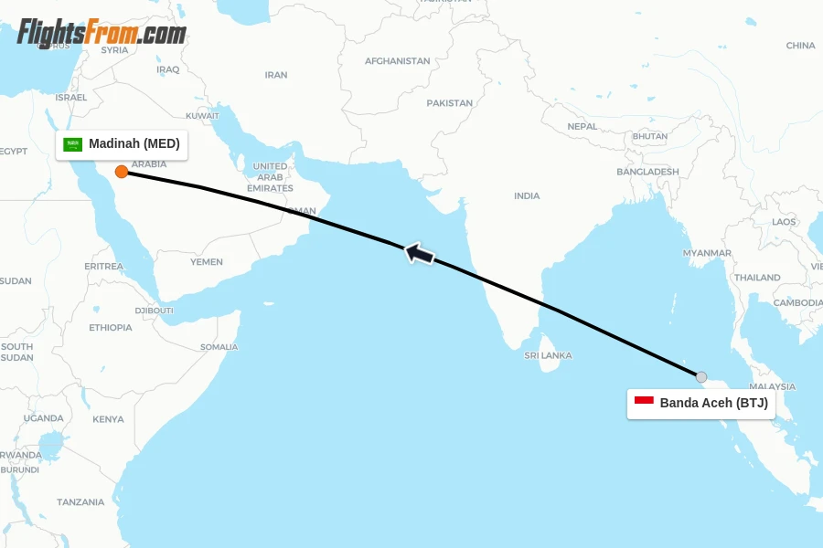 Flights from Banda Aceh to Madinah route map