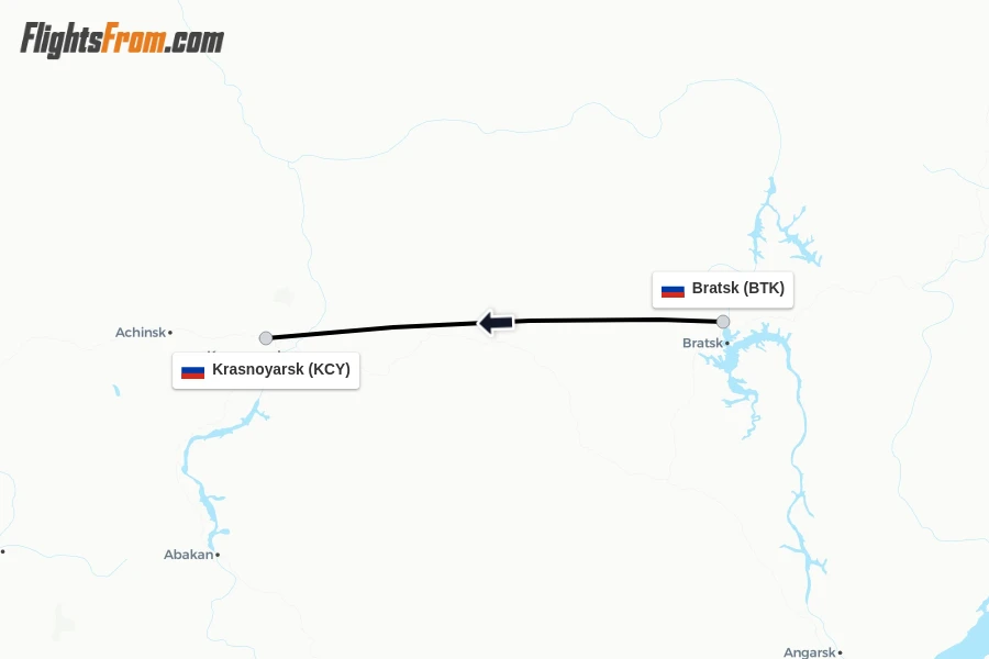 Flights from Bratsk to Krasnoyarsk route map