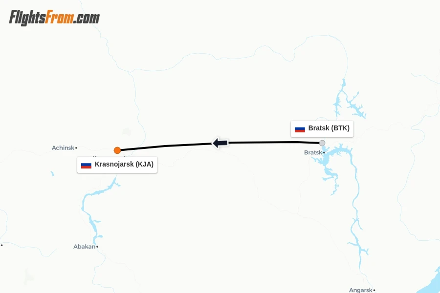 Flights from Bratsk to Krasnojarsk route map