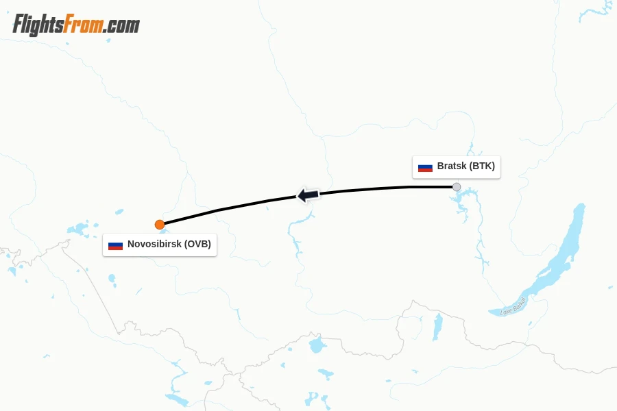 Flights from Bratsk to Novosibirsk route map