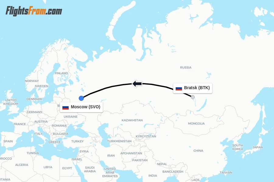 Flights from Bratsk to Moscow route map