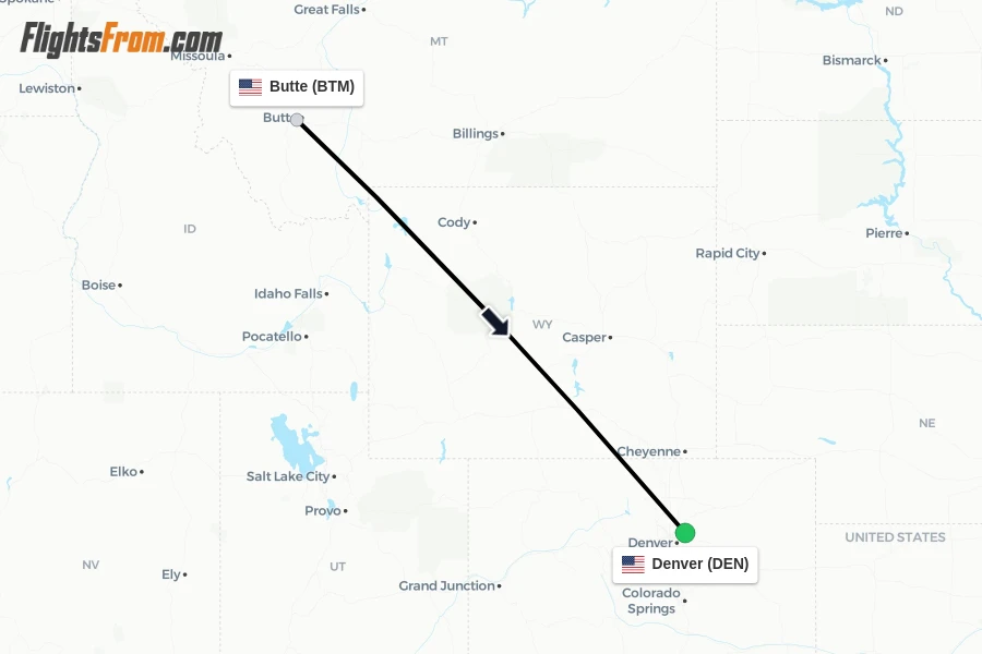 Flights from Butte to Denver route map