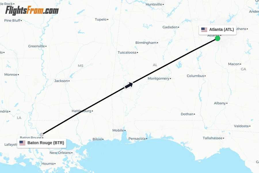 Flights from Baton Rouge to Atlanta route map