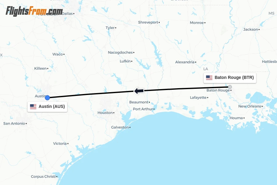 Flights from Baton Rouge to Austin route map
