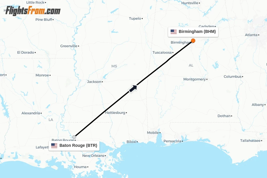 Flights from Baton Rouge to Birmingham route map
