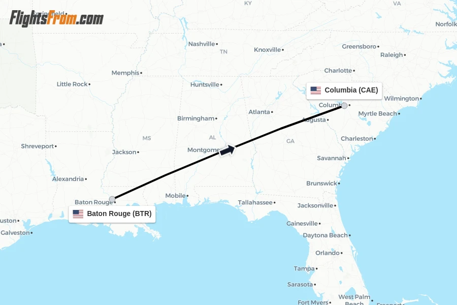 Flights from Baton Rouge to Columbia route map