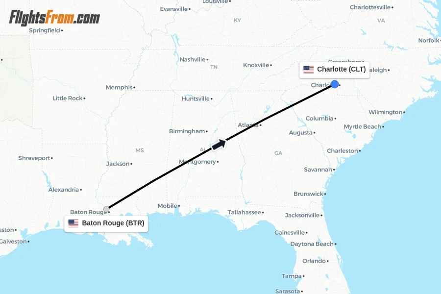 Flights from Baton Rouge to Charlotte route map