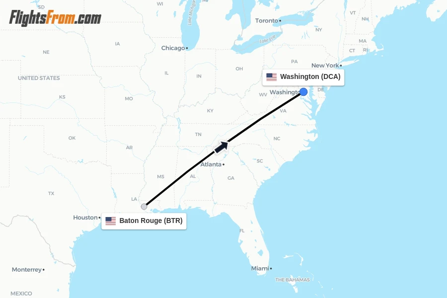 Flights from Baton Rouge to Washington route map