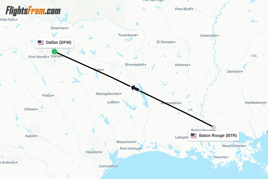 Flights from Baton Rouge to Dallas route map