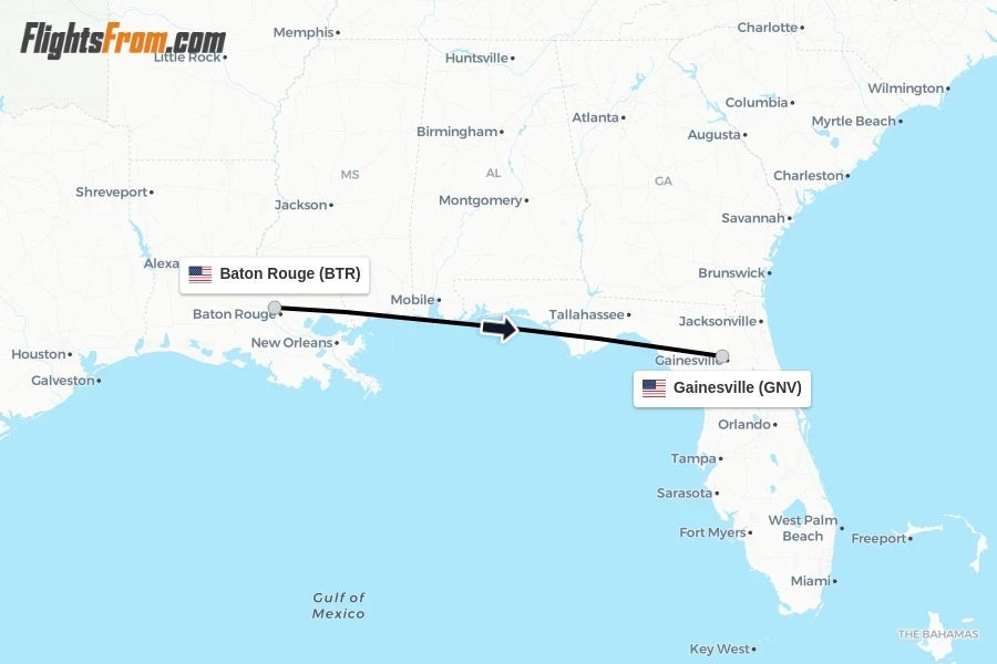 Flights from Baton Rouge to Gainesville route map