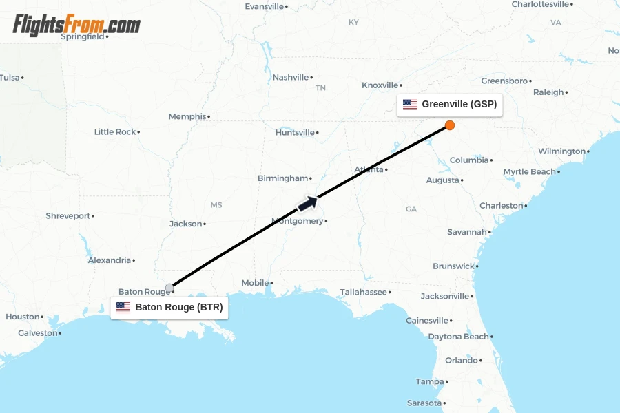 Flights from Baton Rouge to Greenville route map