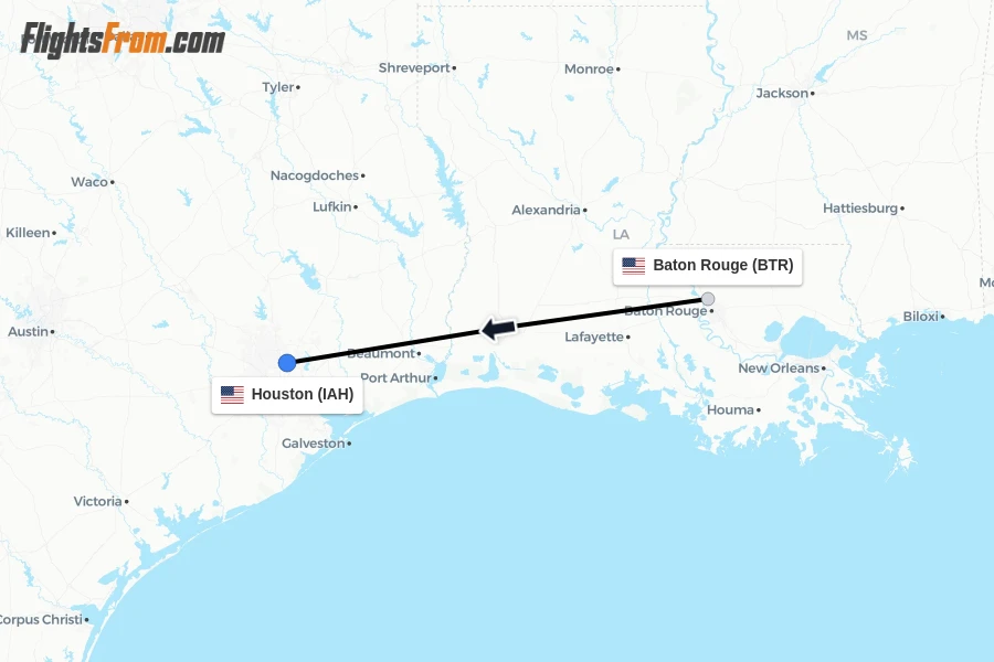 Flights from Baton Rouge to Houston route map