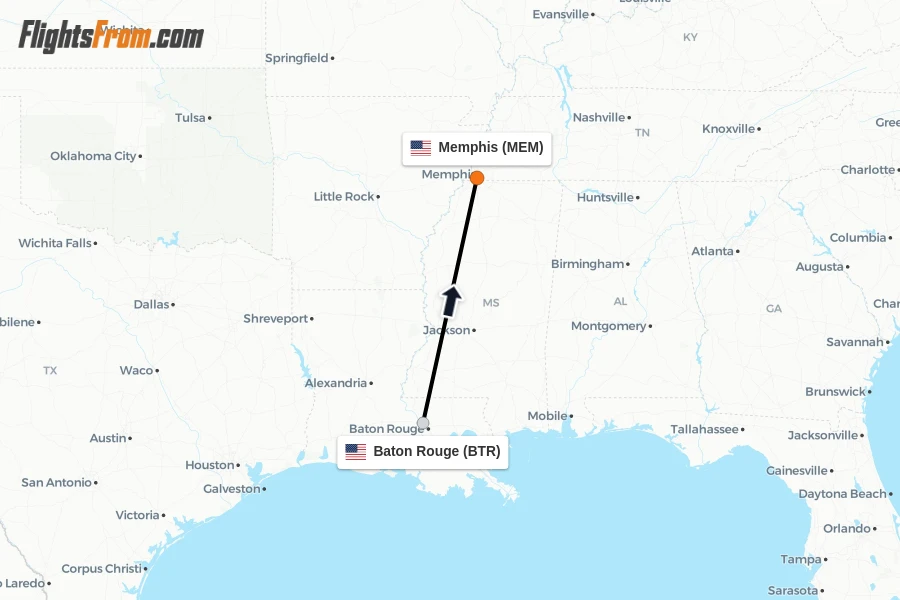 Flights from Baton Rouge to Memphis route map