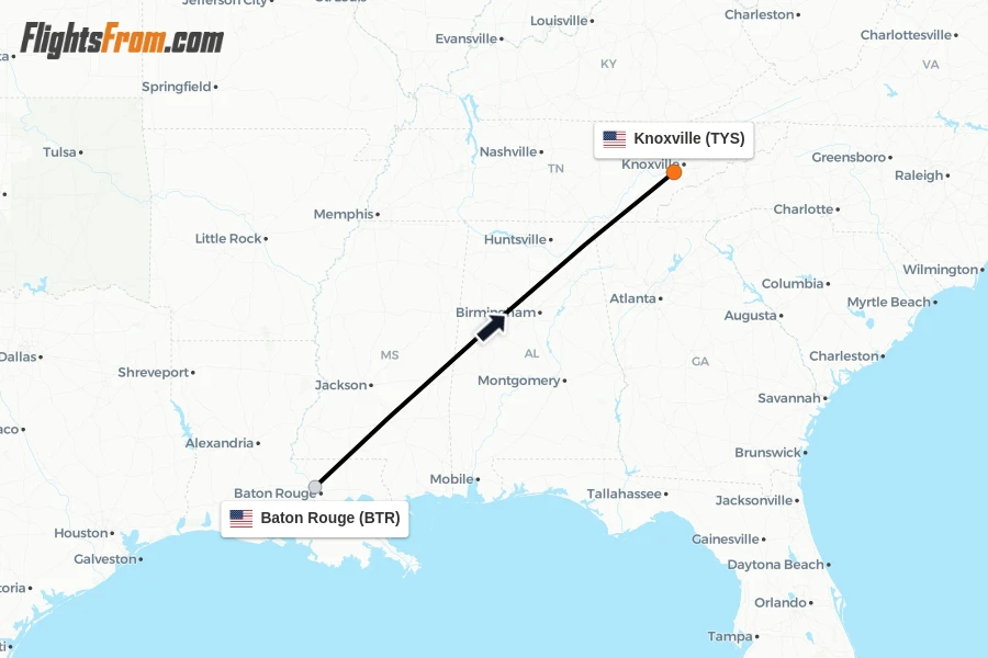 Flights from Baton Rouge to Knoxville route map