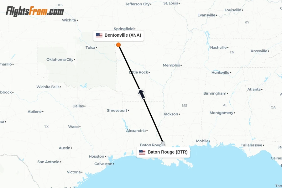 Flights from Baton Rouge to Bentonville route map