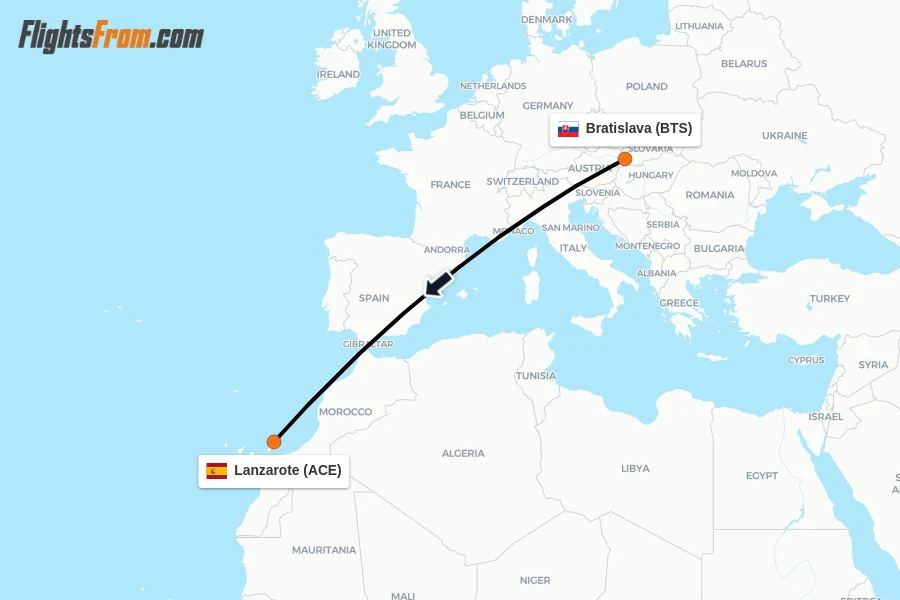 Flights from Bratislava to Lanzarote route map
